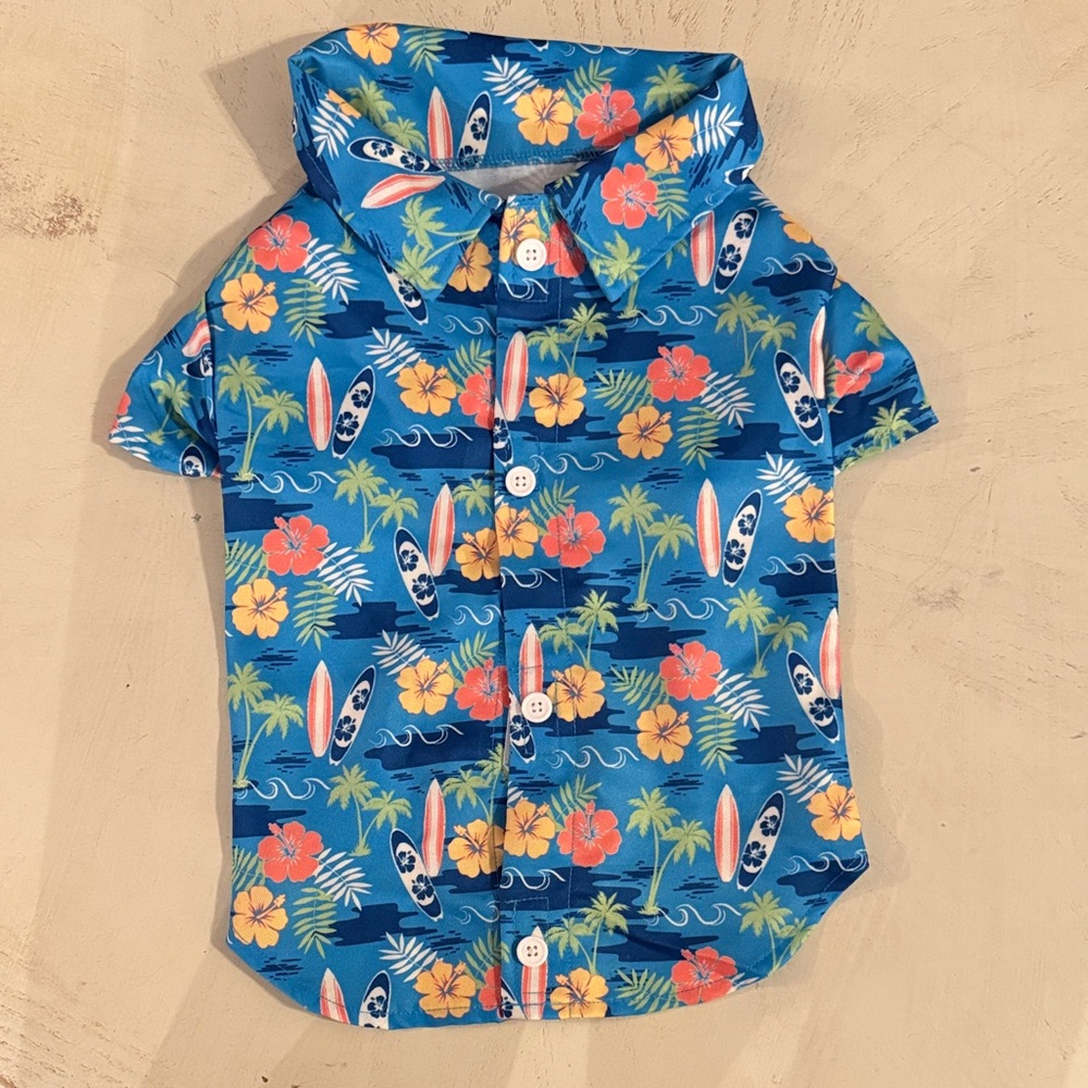 Tropical Blue Hawaiian Dog Shirt with Surfboard and Floral Print